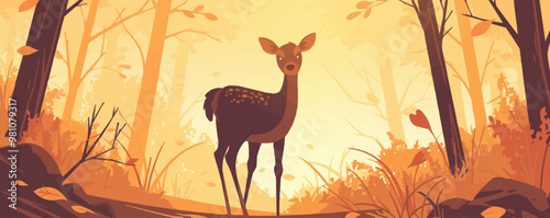 Curious fawn exploring woodland, Vector flat minimalistic isolated illustration