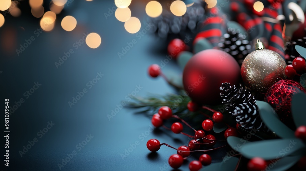 Christmas Ornament Decoration Background with Pine Cones and Red Berries Christmas Ornament Decoration Background with Pine Cones and Red Berries