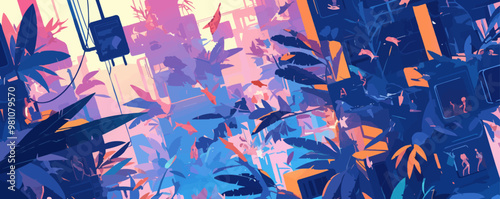 Cybernetic jungle with bio-engineered flora and fauna. Vector flat minimalistic isolated illustration