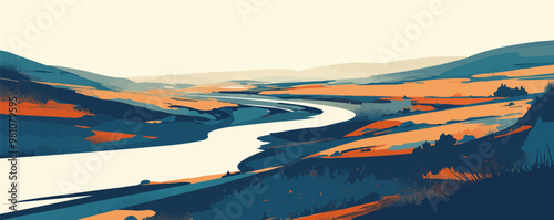 Dense fog veiling a winding river in the valley. Vector flat minimalistic isolated illustration.