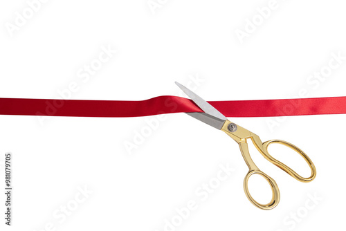Obraz na płótnie Grand opening, ribbon cut, gold scissors and red satin ribbon isolated on white, transparent w salonie