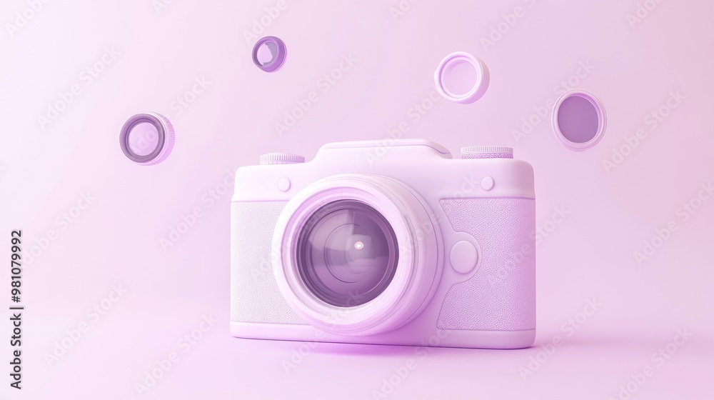 A stylized camera with floating lens rings on a pastel background. A stylized camera with floating lens rings on a pastel background.