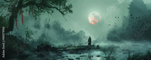 A man is standing in a forest with a sword, and a large red moon in the sky