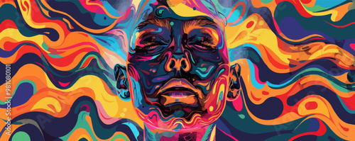 Psychedelic portrait with swirling patterns and vivid colors, flat portrait, vector illustration.