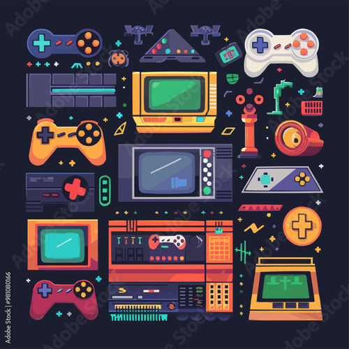 Retro arcade machine with pixelated graphics and gaming elements, nostalgic fun, vector illustration for t-shirt, flat style.