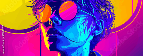 Retro 80s style portrait with neon colors and futuristic elements, flat portrait, vector illustration.