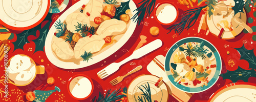 Develop a festive illustration of a table set with pelmeni served in a traditional Russian style, accompanied by sour cream, dill. Vector flat minimalistic isolated illustration.