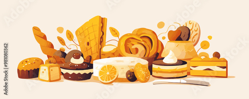 Display of freshly baked pastries and cakes, Vector flat minimalistic isolated illustration