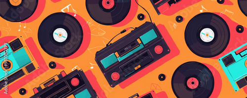 Retro cassette tape with musical notes and funky colors, 80s music nostalgia, vector illustration for t-shirt, flat style.