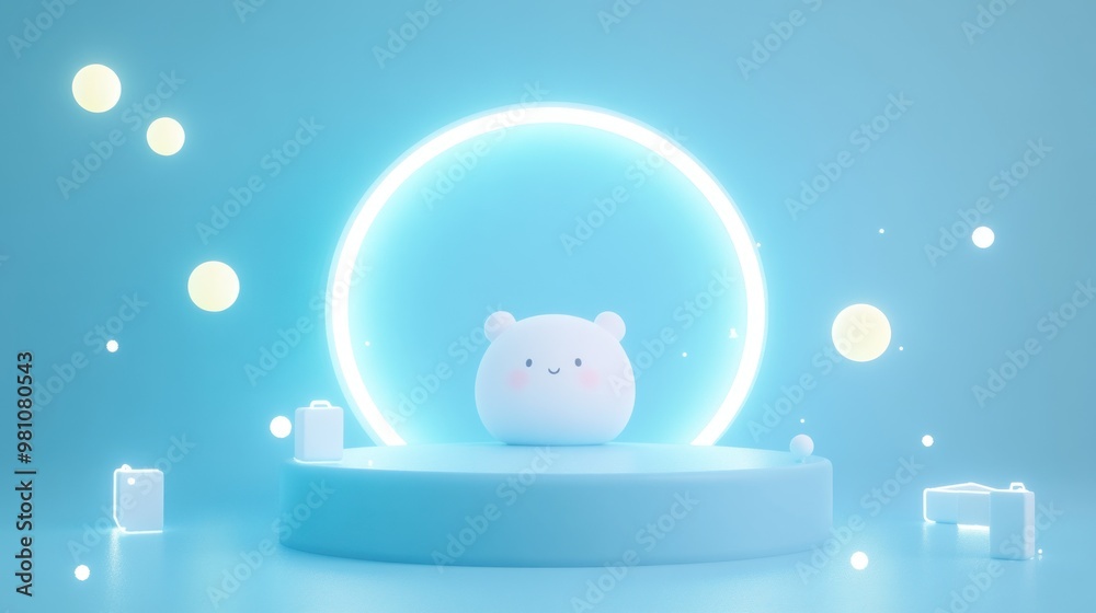 A cute, glowing bear character on a minimalist stage with a soft blue background. A cute, glowing bear character on a minimalist stage with a soft blue background.