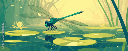 Dragonfly nymph emerging from its aquatic habitat, Vector flat minimalistic isolated illustration