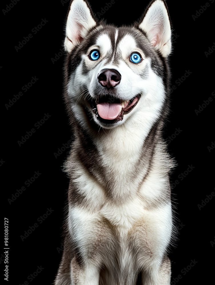 A Siberian Husky with striking blue eyes and a joyful expression sits confidently against a black backdrop, showcasing its beautiful fur and playful demeanor A Siberian Husky with striking blue eyes and a joyful expression sits confidently against a black backdrop, showcasing its beautiful fur and playful demeanor