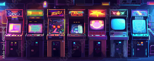 Retro gaming, arcade machines and pixel art, vintage video games, neon style, vector illustration, flat style.
