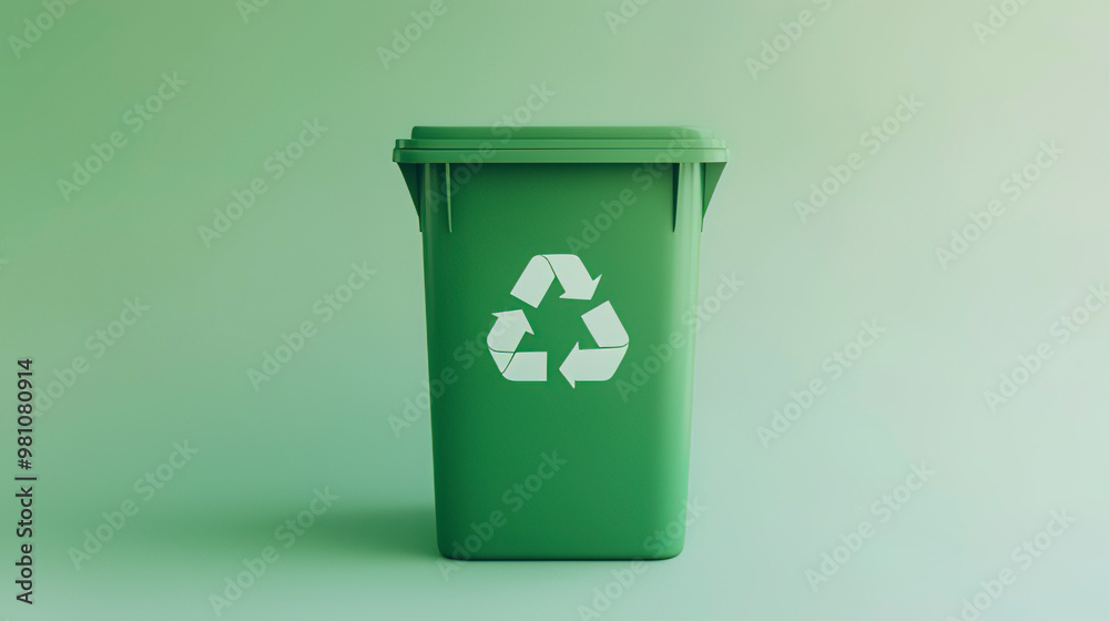 a green trash bin with a recycling sign on a light pastel background a green trash bin with a recycling sign on a light pastel background