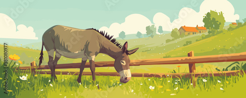 Donkey grazing peacefully by a wooden fence, Vector flat minimalistic isolated illustration