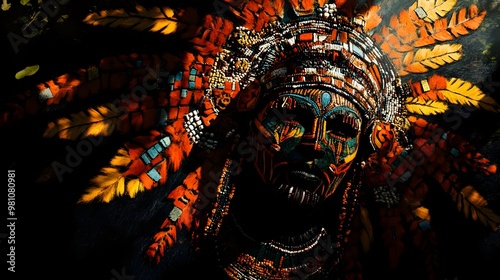 Vibrant Indigenous Art with Intricate Cultural Symbols and Patterns in Dramatic Lighting photo