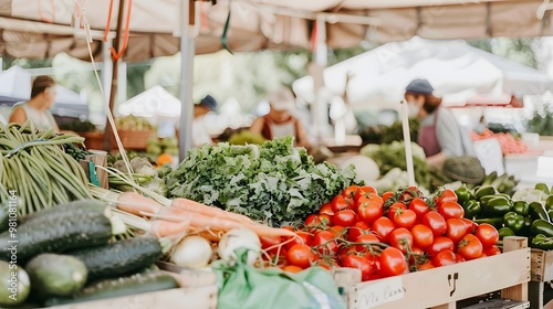 Illustration of A vibrant farmers market bustling with people, overflowing with fresh, organic produce and zero-waste packaging, eco-friendly stalls, reusable bags, and glass containers