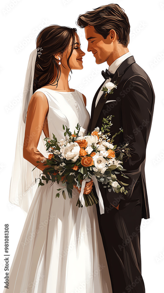 A romantic wedding couple sharing a tender moment, adorned with elegant attire and a beautiful floral bouquet. A romantic wedding couple sharing a tender moment, adorned with elegant attire and a beautiful floral bouquet.