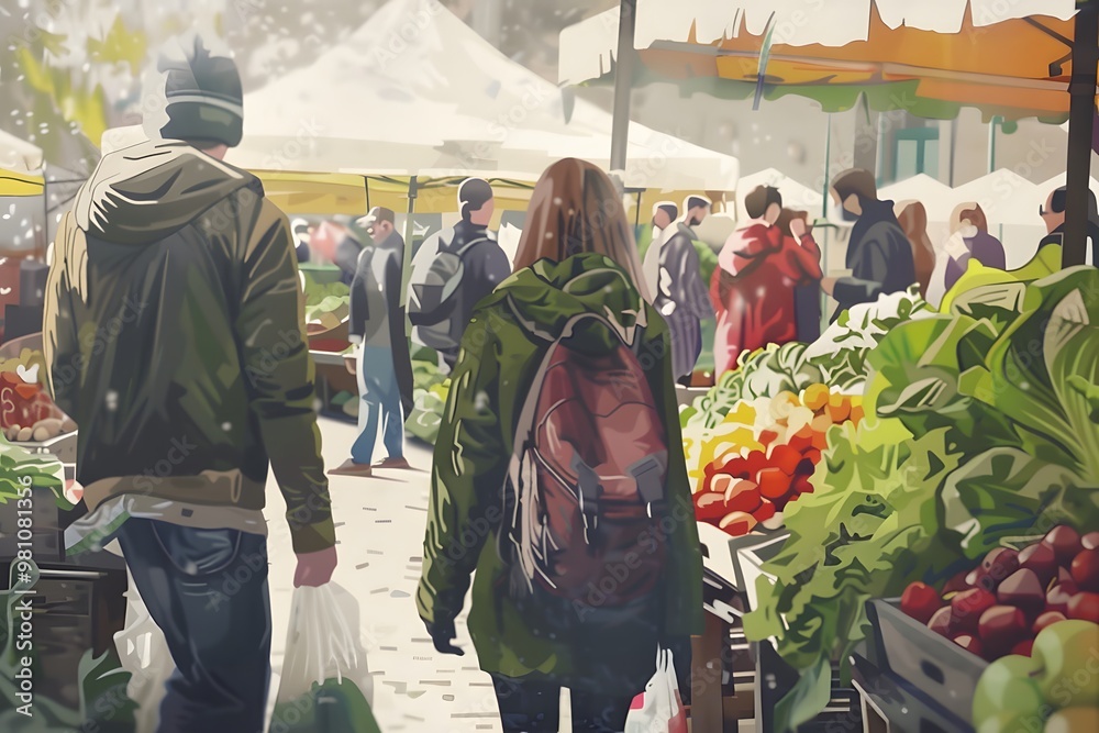 Obraz premium Illustration of A vibrant farmers market bustling with people, overflowing with fresh, organic produce and zero-waste packaging, eco-friendly stalls, reusable bags, and glass containers