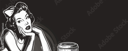 Retro pin-up cookie jar, vector illustration, pin-up style, imitation of a scratch board, black and white image.
