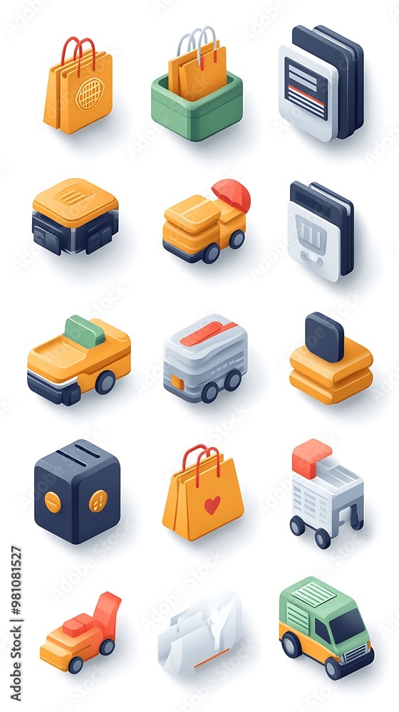 Set of 15 isometric icons related to online shopping, delivery, and logistics.