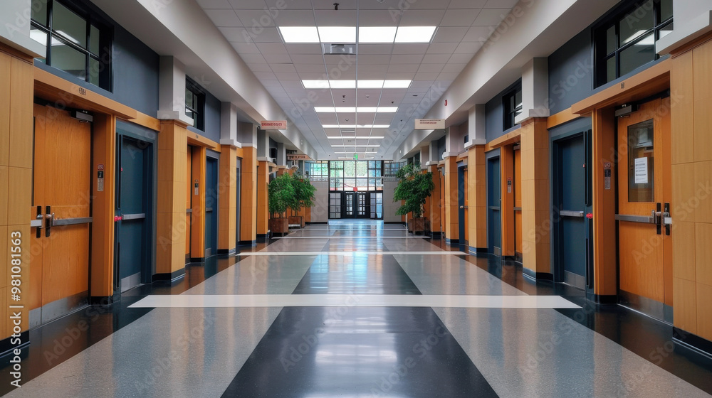 A bright and clean college hallway featuring modern wooden doors, large windows, and potted plants, evoking a contemporary academic atmosphere. A bright and clean college hallway featuring modern wooden doors, large windows, and potted plants, evoking a contemporary academic atmosphere.