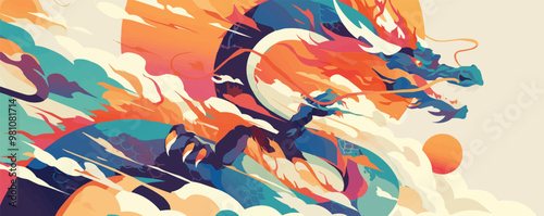 Eastern-style dragon with flowing mane and whiskers, Vector flat minimalistic isolated illustration