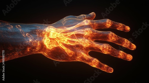 Panoramic 3D visualization of a hand and wrist area afflicted by the burning tingling sensations of tendinitis photo