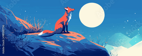 Elegant fox sitting under the moonlight. Vector flat minimalistic isolated illustration.