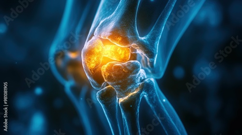 Panoramic 3D visualization of a knee joint encumbered by the constant grinding pain of osteoarthritis
