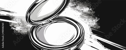 Stylish pin-up makeup compact with a mirror, vector illustration, pin-up style, imitation of a scratch board, black and white image.