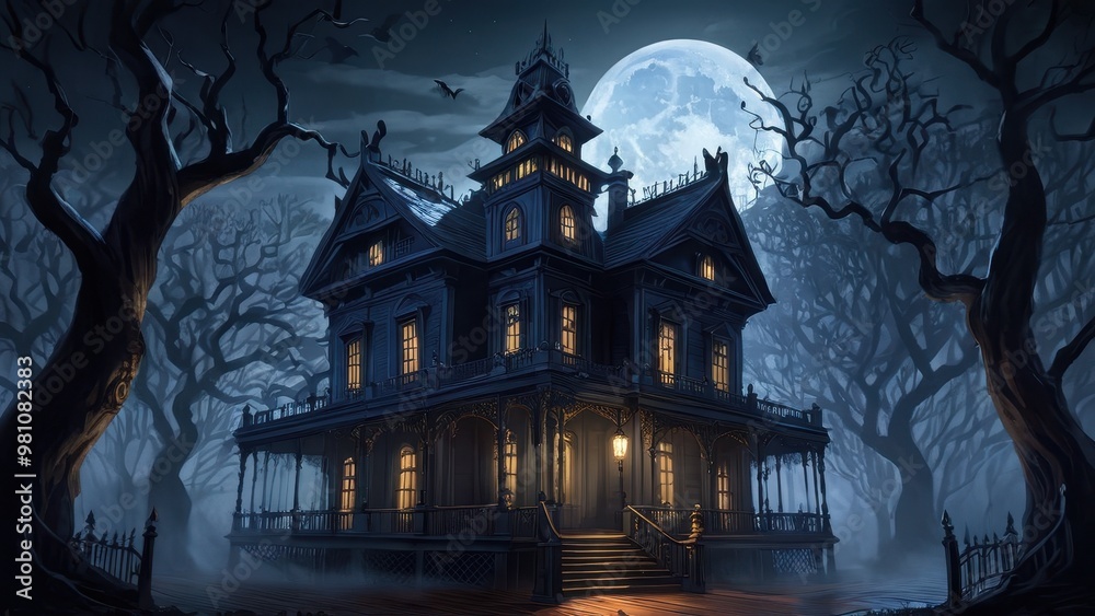 A dark, abandoned house sits in the moonlight, with twisted branches and thick fog surrounding it, creating an eerie and haunting scene in the middle of the night A dark, abandoned house sits in the moonlight, with twisted branches and thick fog surrounding it, creating an eerie and haunting scene in the middle of the night