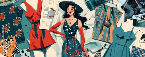 Stylish pin-up fashion designer with sketches and fabrics, flat, vector illustration, pin-up style.