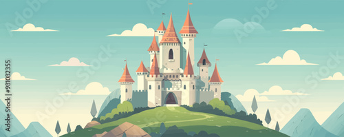 Enchanted castle on a hilltop, Vector flat minimalistic isolated illustration