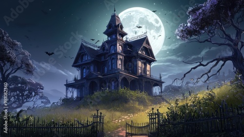 A dark, abandoned house sits in the moonlight, with twisted branches and thick fog surrounding it, creating an eerie and haunting scene in the middle of the night