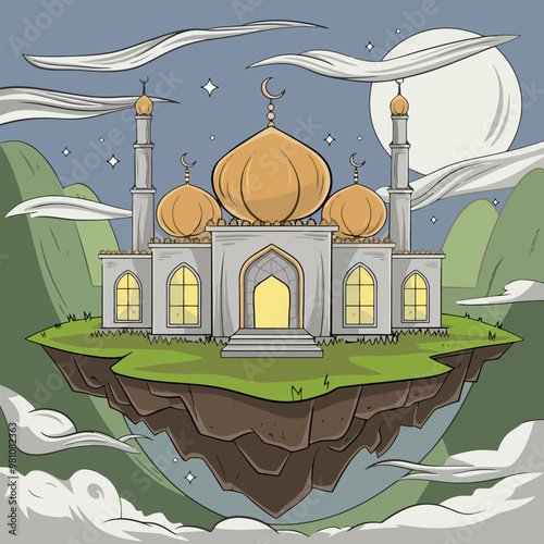 Floating mosque on an island under a starry night sky