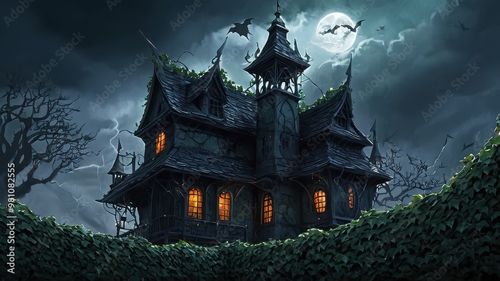 Obraz premium A haunted Victorian mansion looms under the full moon, surrounded by eerie fog and dead trees, casting a chilling atmosphere perfect for a spooky Halloween night