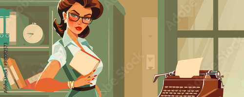 Stylish pin-up secretary in a vintage office outfit, holding a typewriter or files, flat, vector illustration, pin-up style.