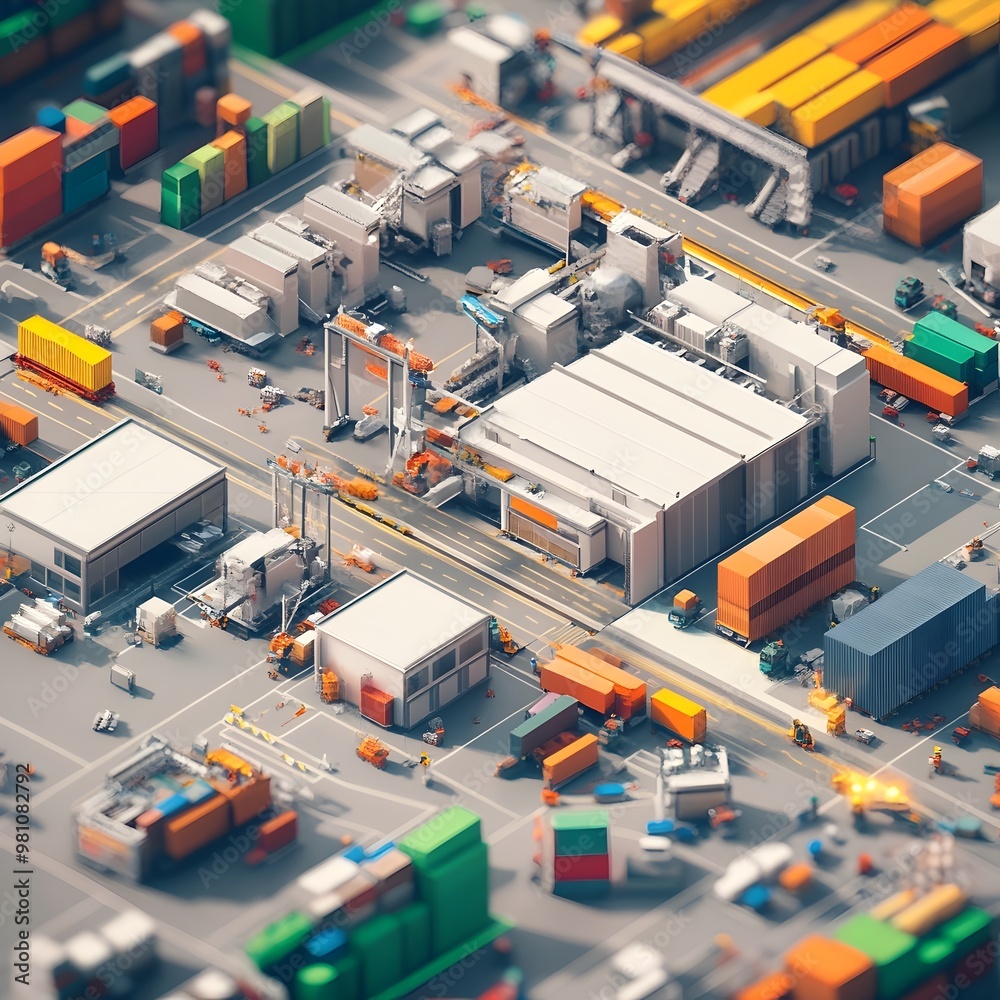 Aerial View of Bustling Distribution Hub with Geometric Cargo Shapes Aerial View of Bustling Distribution Hub with Geometric Cargo Shapes