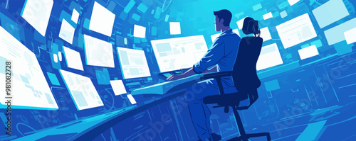 Engineer in a control room with monitors, Vector flat minimalistic isolated illustration