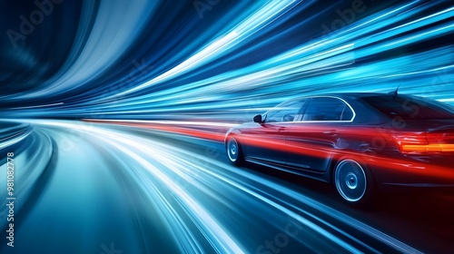 A dynamic shot of a speeding car illuminated by vibrant, colorful lights, capturing the essence of motion and adventure.