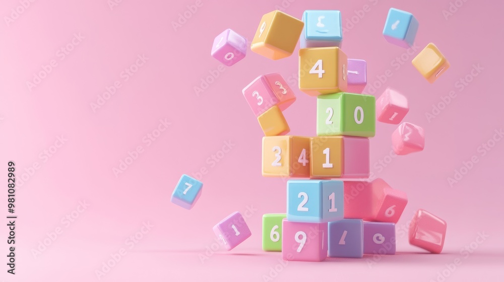 Colorful building blocks with numbers floating against a pink background. Colorful building blocks with numbers floating against a pink background.