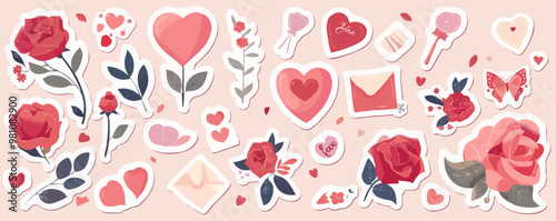 Sweet love stickers set with hearts, roses, and love letters, perfect for romantic crafts and Valentine's Day projects, flat stickers set, vector illustration.