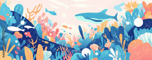 Ethereal underwater world with glowing sea creatures. Vector flat minimalistic isolated illustration