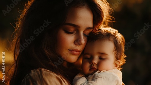 Intimate close-up view of a mother tenderly cradling her infant their connection palpable in the dramatic chiaroscuro lighting