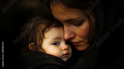 Intimate close-up view of a mother tenderly cradling her infant their connection palpable in the dramatic chiaroscuro lighting