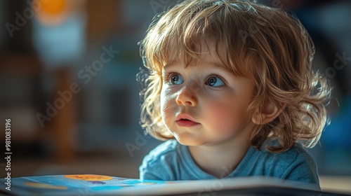 Widescreen medium shot of a toddler engrossed in imaginative play their face illuminated by a serene natural light