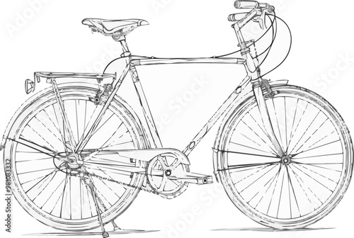 The bicycle is drawn in one continuous line on a white background. vector illustration, capturing the intricate details of the frame, wheels, and handlebars with a seamless flow