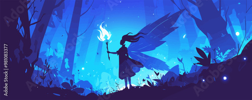 Fairy with wings and glowing wand in enchanted forest. Vector flat minimalistic isolated illustration.
