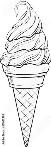 The ice cream cone is drawn in one continuous line on a white background. vector illustration, highlighting the scoops and cone with a single, unbroken line.